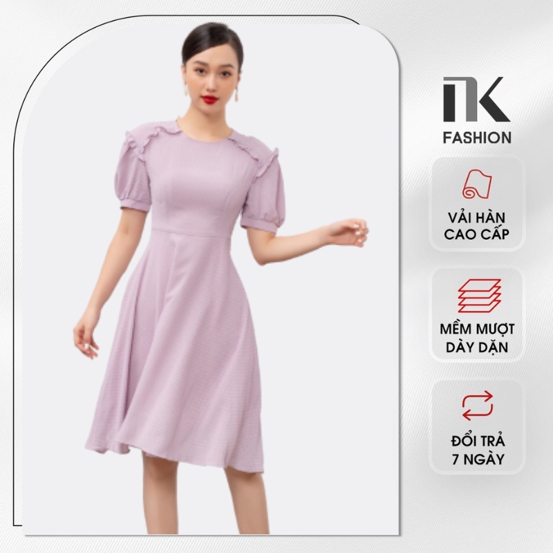 Váy Công Sở Dáng Xòe Chấm Bi NK FASHION, Thiết Kế Vai Bèo Sang Trọng NKDV2104016