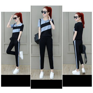 Đồ bộ nữ 💖FREESHIP💖 Đồ bộ thun thể thao nữ, quần lửng áo cộc tay không cổ, thân áo phối 2 màu