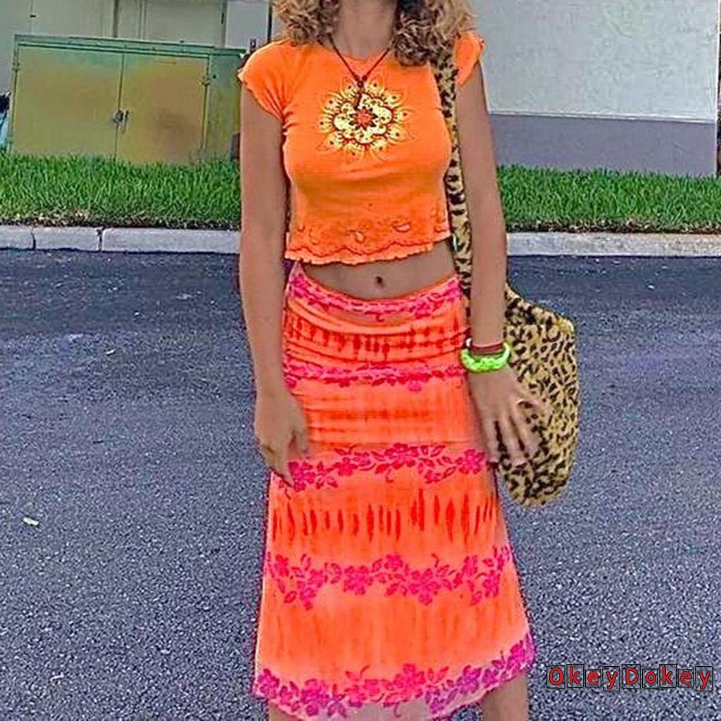 OKDK-Women y2k Skirt with Floral Print Bright Colors Bohemian Style Beach Clothing