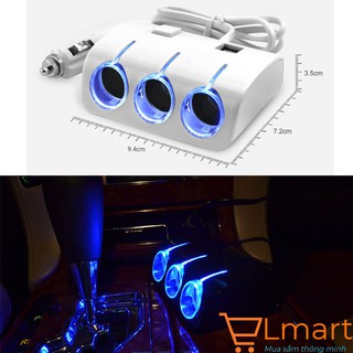 Bộ chia 3 tẩu điện input 12-24V/120W kèm 2 cổng ra output USB 5V/1-2,1A kèm đèn led sử dụng cho ô tô, xe tải