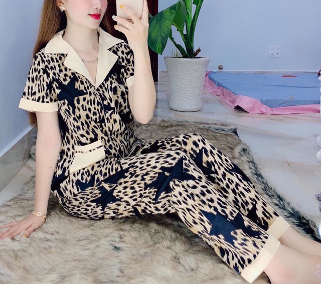 Pijama satin lụa tay ngắn quần dài ngắn phối màu sắc