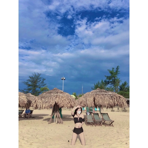 Bikini 2 mảnh tay nhún bèo quần lưng cao che bụng