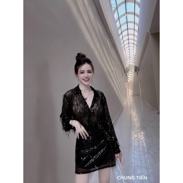 Áo sơ mo cổ V đính kim sa phối lông
