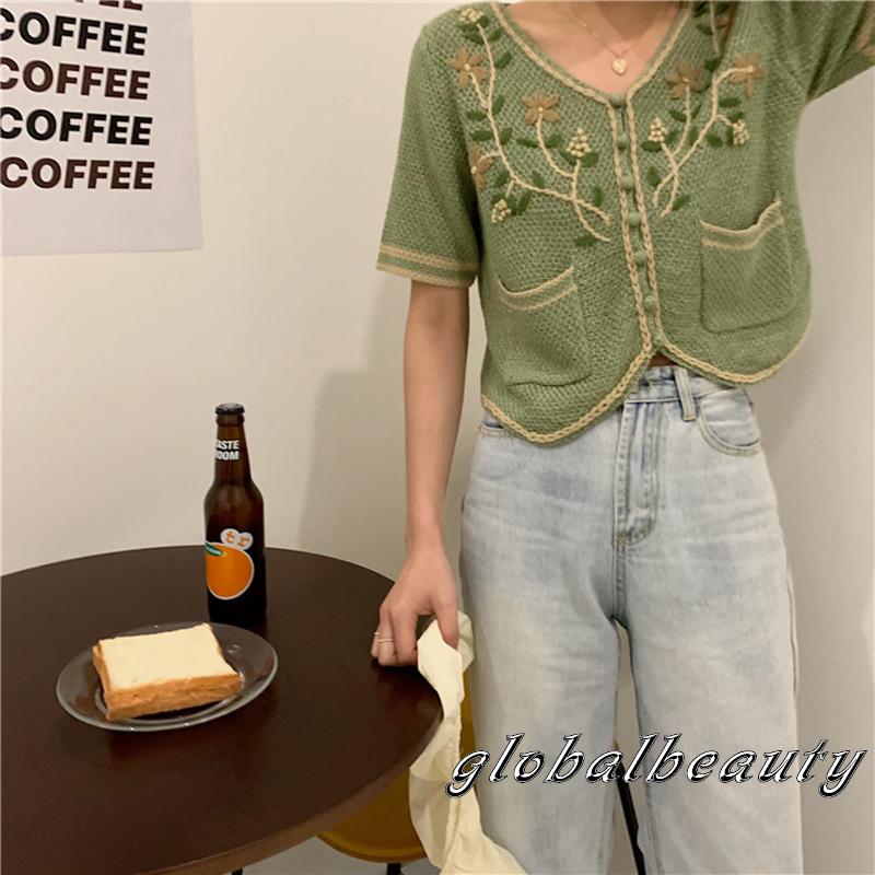 Áo Cardigan Tay Ngắn Cổ Chữ V Thêu Họa Tiết Thời Trang Cho Nữ