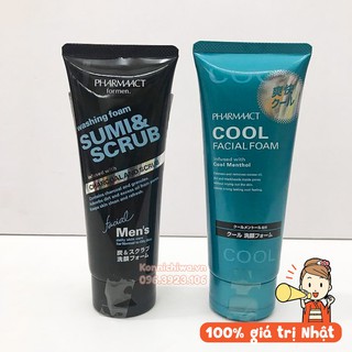 |Hàng Nhật chính hãng| Sữa rửa mặt nam PHARMAACT Cool/ than hoạt tính Scrub rửa sạch sâu cho da dầu, mụn tuýp tuýp 130g
