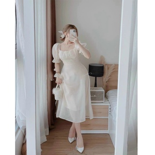 Đầm midi xếp ly nhún ngực tay bồng váy nữ đi tiệc dáng xòe thắt nơ lưng sang trọng thanh lịch
