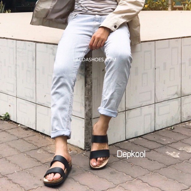 Dép quai ngang da pu đế trấu birken unisex nam nữ đen