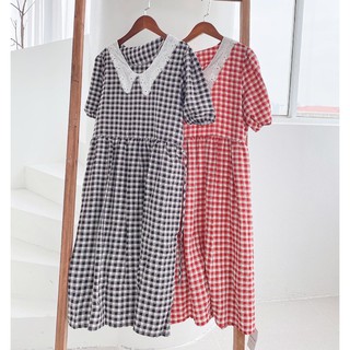 Váy babydoll kẻ cổ ren