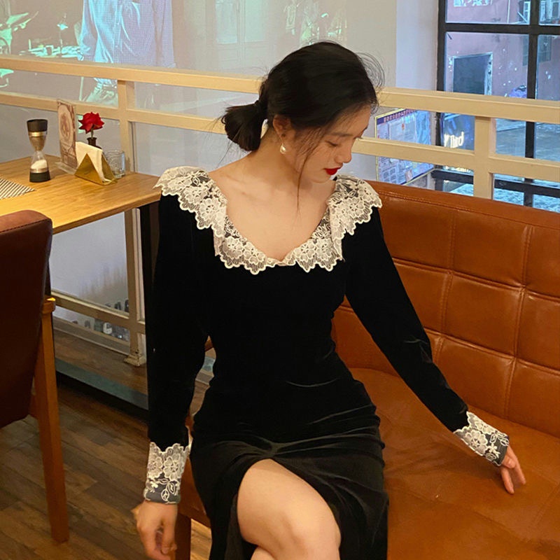 Đầm nhung đen tay dài xẻ tà phối ren quyến rũ thời trang kiểu Pháp cho nữ 2021