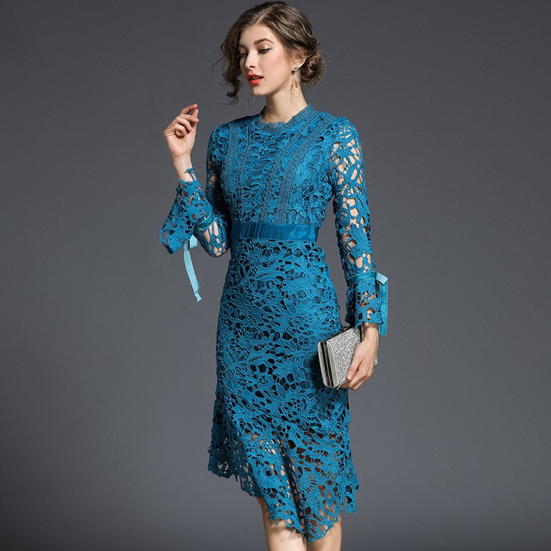 Real Shot Women's High Quality Lace Midi Blue Party Dress