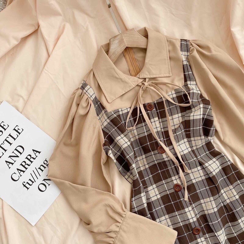 [SẴN] ĐẦM VÁY GIẢ YẾM KẺ CARO NÂU | BigBuy360 - bigbuy360.vn