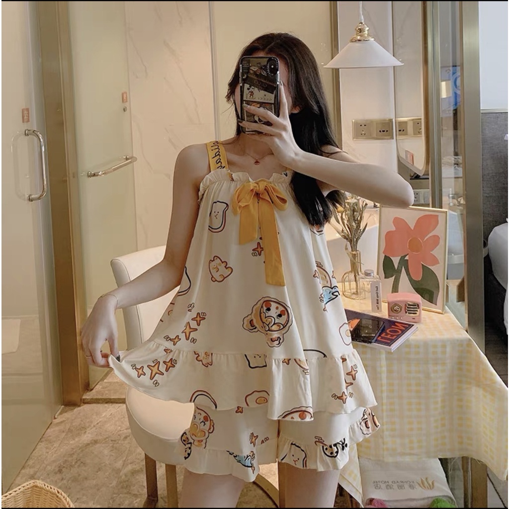 Đồ bộ nữ -Đồ mặc nhà SALE Bộ đồ ngủ 2 dây đính nơ dễ thương bigsize thun mền mát, đồ ngủ nữ mặc nhà sau sinh