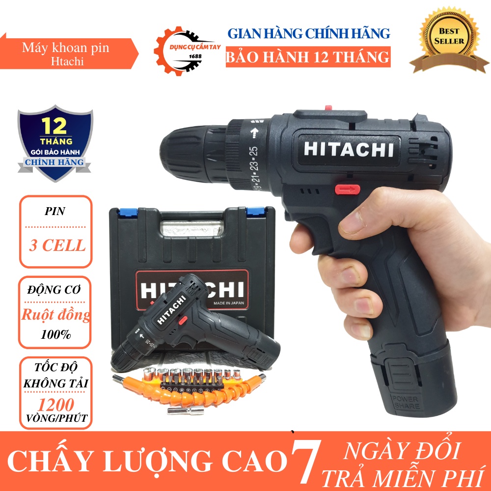 Máy khoan pin hitachi 12v - Máy bắn vít hitachi 12v 2 pin tặng kèm bộ phụ kiện 22 chi tiết