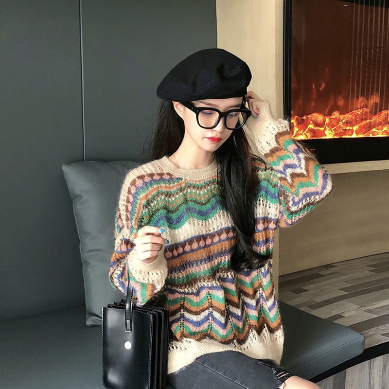 IELGY Áo sweater dệt kim mỏng dáng rộng kiểu retro phương Tây cá tính