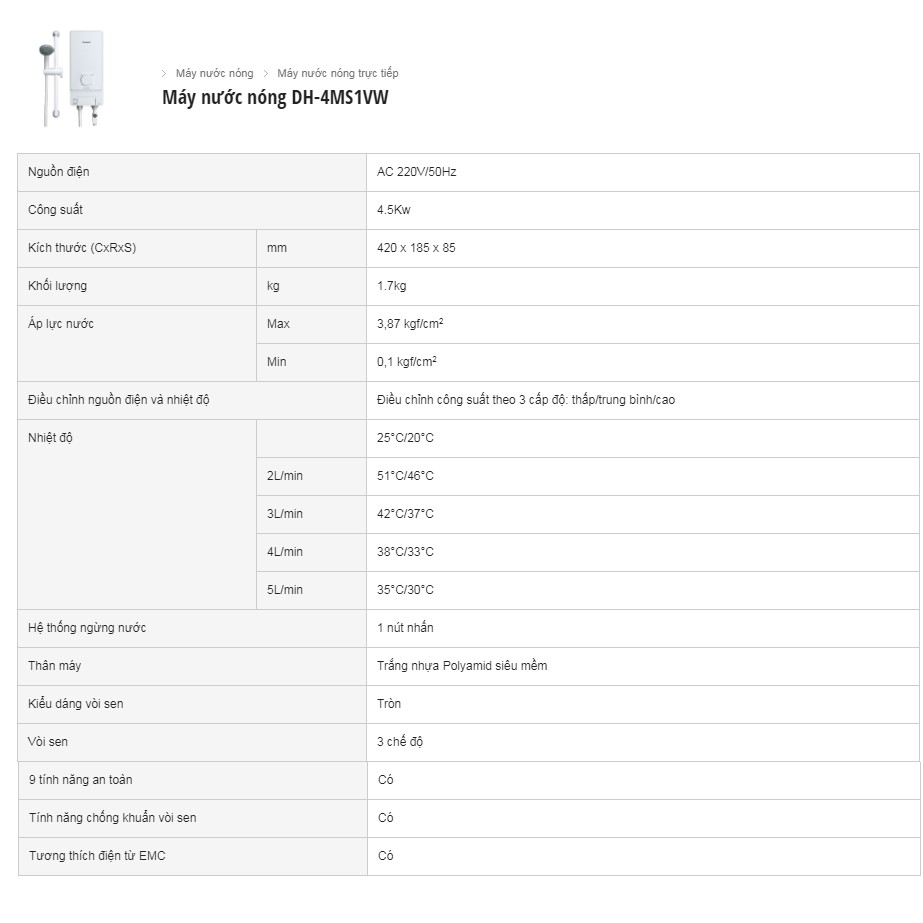 Máy nước nóng Panasonic DH-4MS1VW