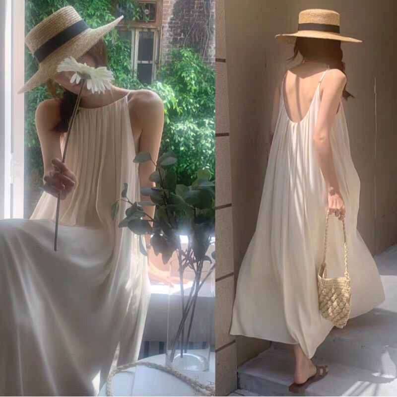 Đầm suông Hai Dây, Đầm Cổ Yếm Cao Cấp,Váy Trắng Maxi Hở Lưng 2 Lớp Đi Chơi Đi Biển, Đi Chơi Cực Đẹp - Muun's Fashion
