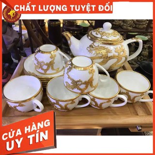 Bộ ấm chén Lưỡng Long - Bọc đồng pha vàng chống phai