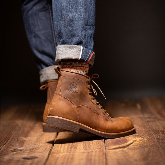 Giày Boot Nam Cổ Cao Lineman Da Bò Sáp Cao Cấp Đế Khâu - Thương Hiệu Steeler