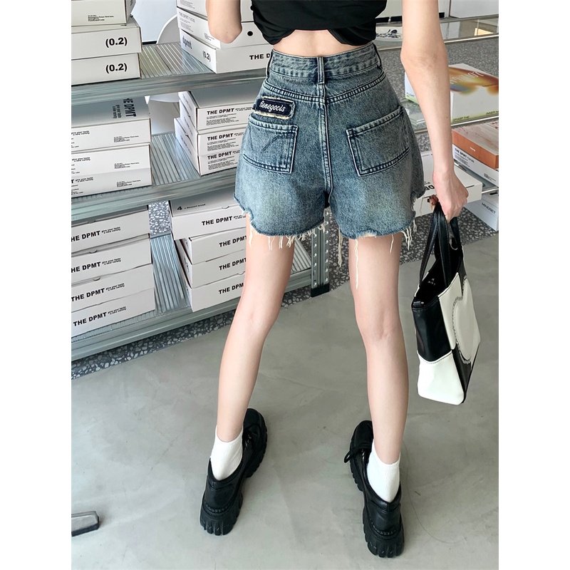 Quần Short denim Lưng Cao Ống Rộng Phong Cách retro Cho Nữ