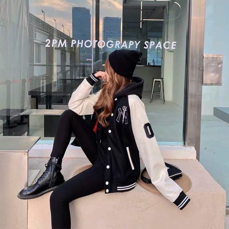 ÁO KHOÁC MLBNY BOMBER BASIC TAY DA - ÁO VARSITY NAM NỮ UNISEX - HÀNG CHÍNH HÃNG