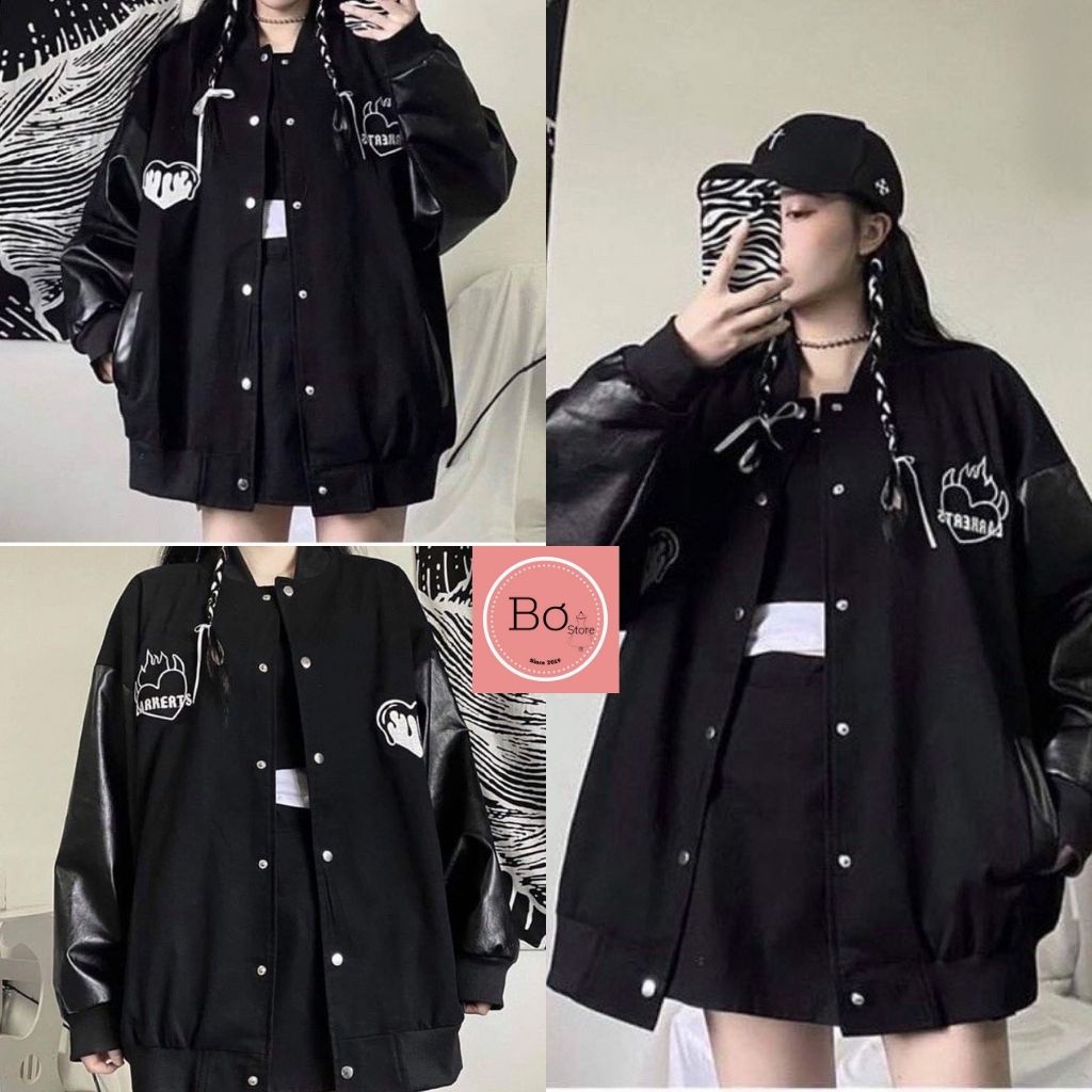 Áo Khoác Bomber Áo Bóng Chày Họa Tiết Trái Tim Lar Phối Tay Da Phong Cách Unisex Bơ store SP721