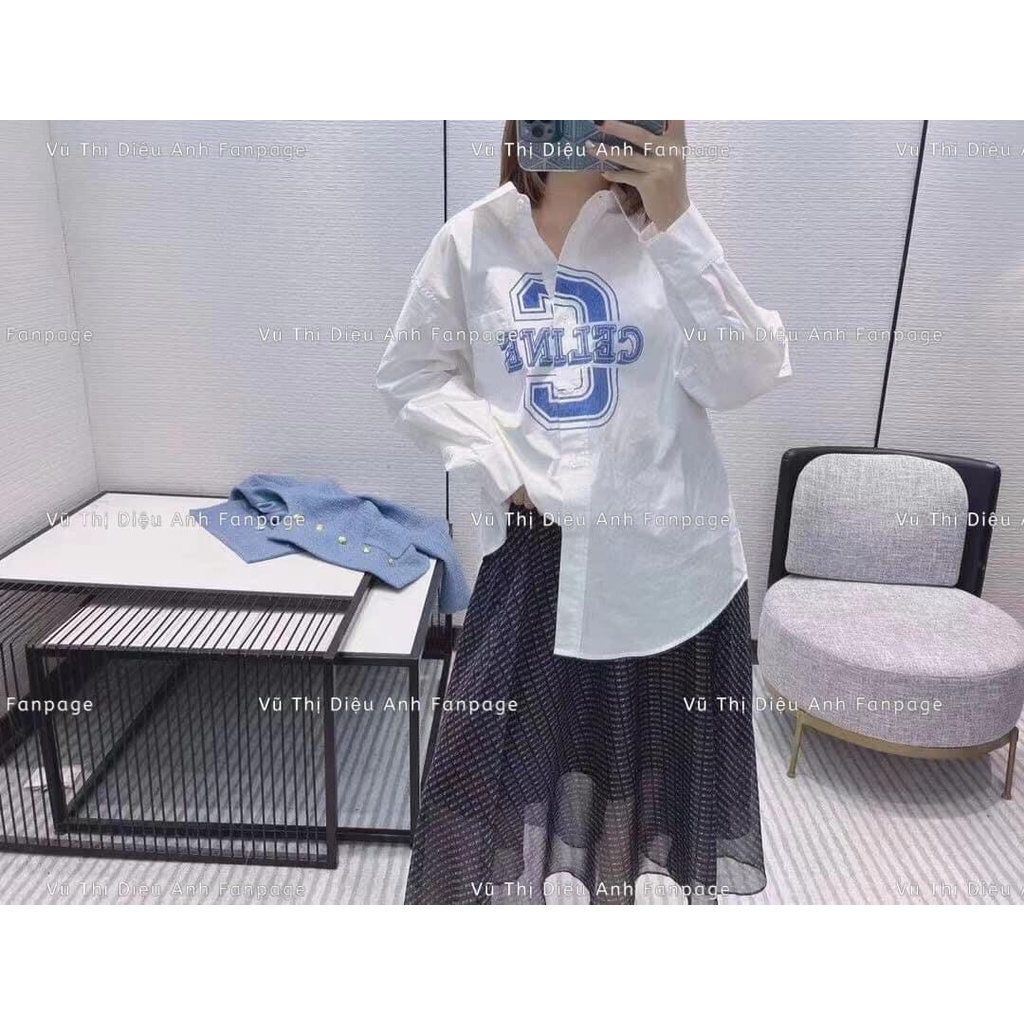 [ ZADOLA FASHION] Áo sơ mi chữ C xanh nữ đẹp kiểu form rộng tay dài hình thêu chất lụa cao cấp màu Trắng