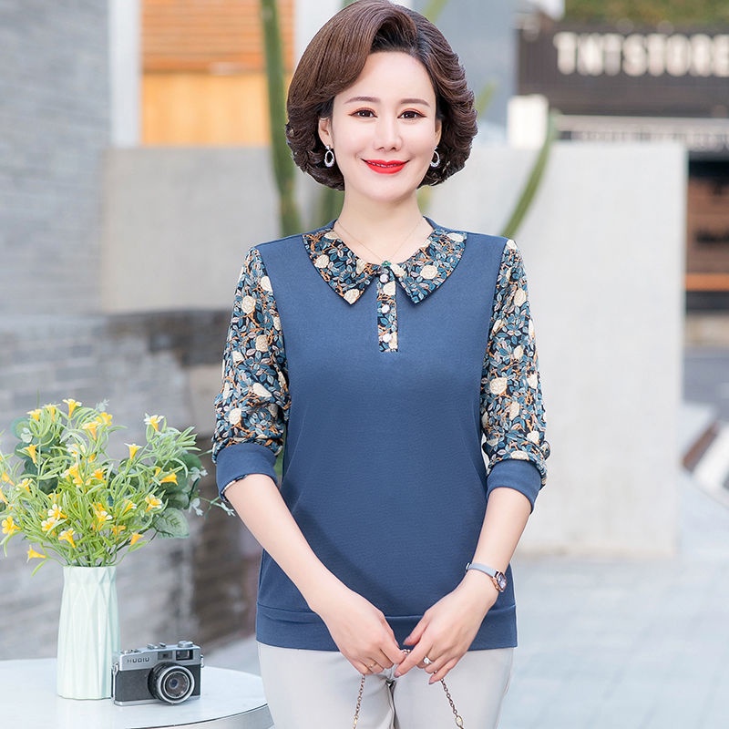 ► Mẹ của phụ nữ trung niên áo sơ mi mùa xuân cổ áo sơ mi nữ 2022 mới áo phông trung niên và cao tuổi áo sơ mi nhỏ mùa th