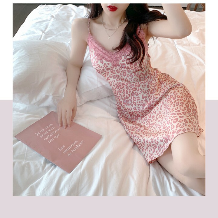 (M23) Váy ngủ da beo có mút ngực lụa satin sexy cao cấp Đầm mặc nhà gợi cảm quyến rũ