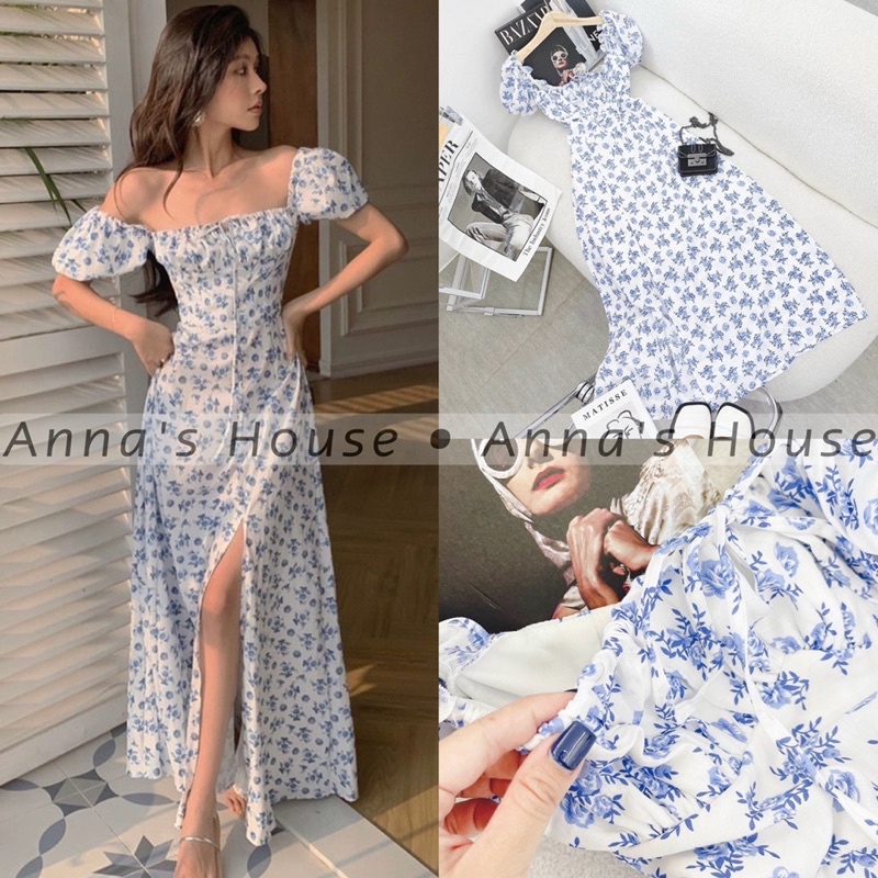 HÌNH THẬT - Đầm maxi hoa xanh nhíu ngực cột nơ xẻ tà