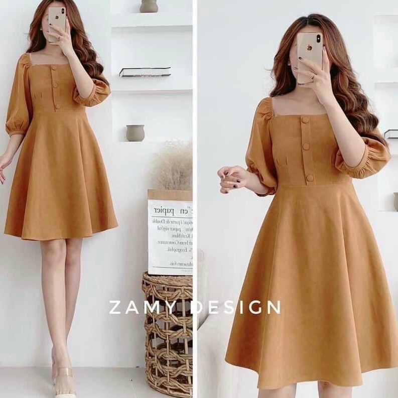 Váy Đầm Nhung Dáng Xòe Nút Bọc Tay Phồng sang trọng
