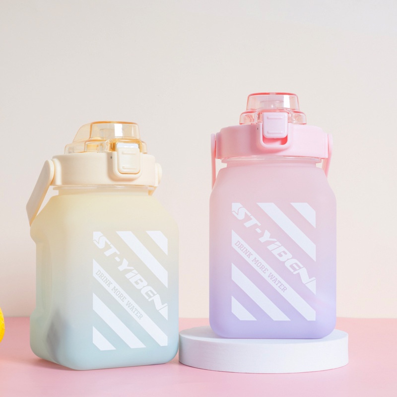 Bình nước 1500ml, bình đựng nước cute, có vạch chia tặng dây đeo ống hút,sticker