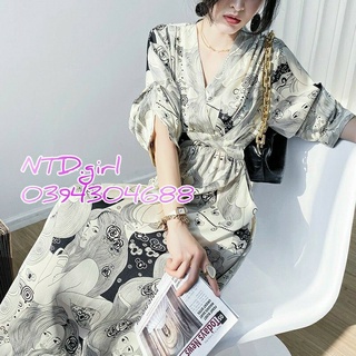 Đầm dáng xòe cổ V tay lỡ nhún eo sang trọng, váy phi lụa maxi đi biển - DTH