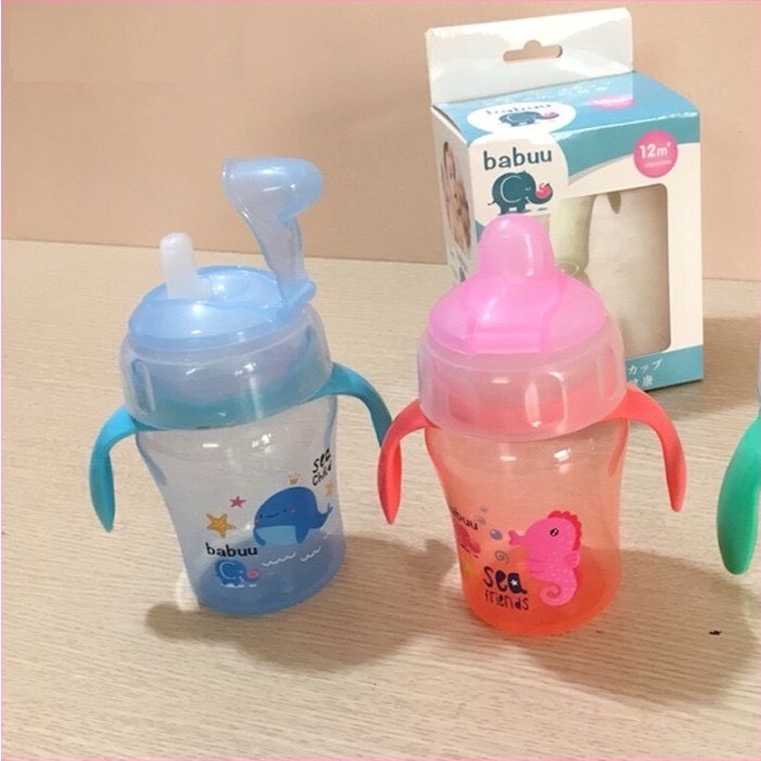 Bình tập uống nước đầu hút silicon mỏ vịt có tay cầm Babuu Nhật Bản 240ml bình nước cho bé đi học Homedy Kids BN09