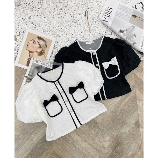 Áo Sơ Mi Gấm Xốp Nơ Túi Cúc Ngọc 2 Màu Đen Trắng