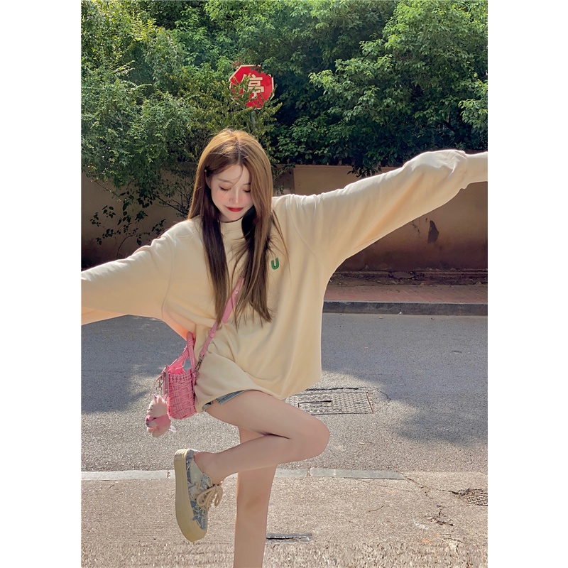 Áo Sweater Nữ Tay Dài Dáng Rộng Màu Trơn Phong Cách Hàn Quốc