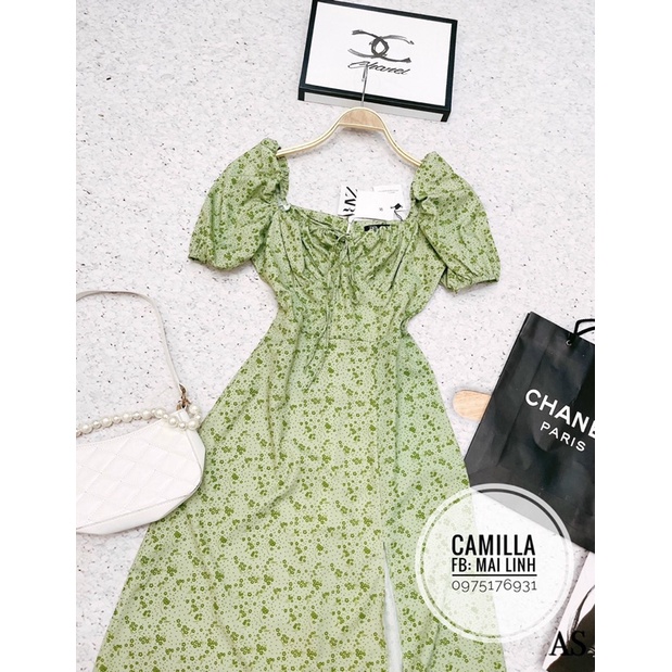 ĐẦM MAXI XANH HOA NHÍ XẺ TÀ DÚM NGỰC
