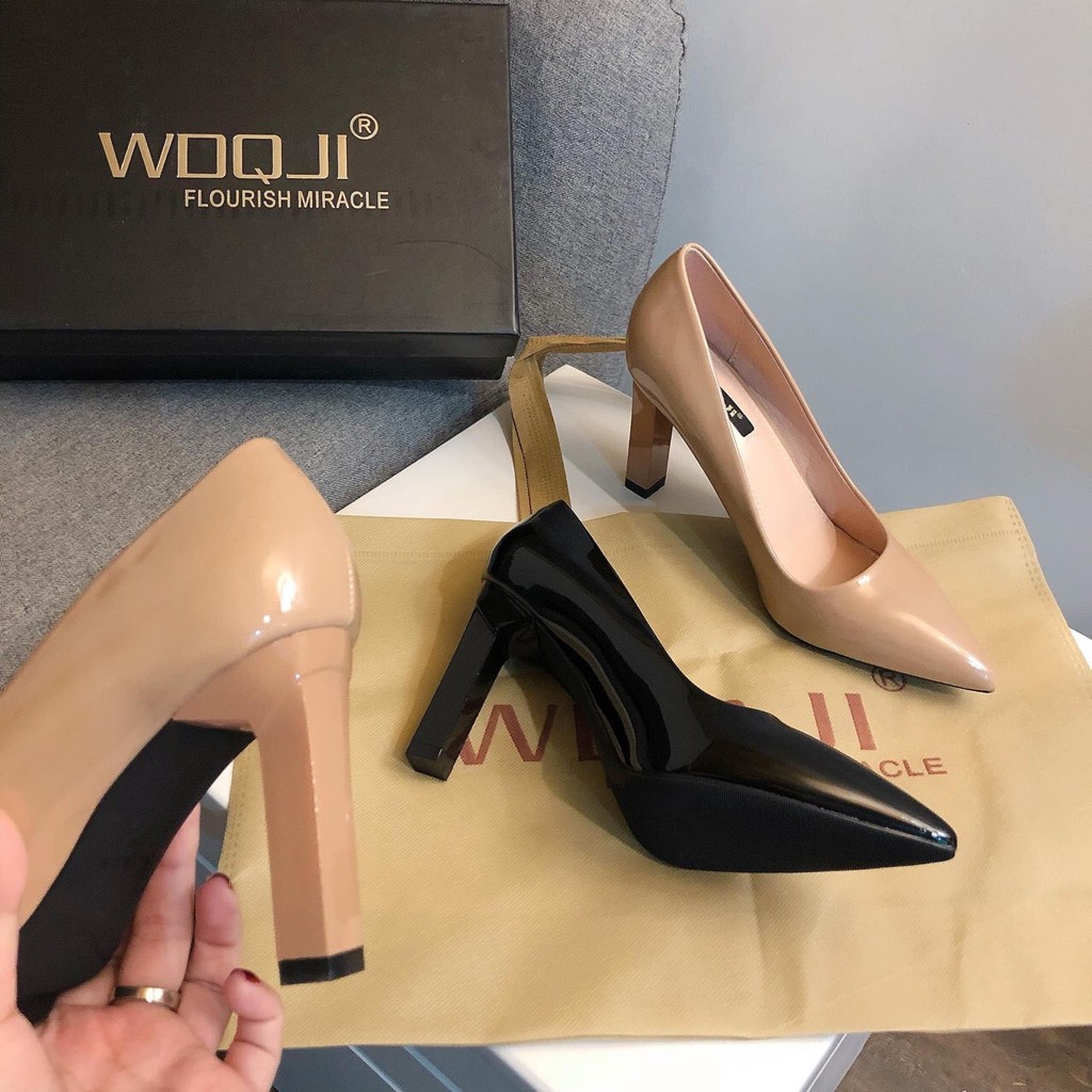 Giày cao gót WDQJI gót vuông mảnh 10p da bóng Full box
