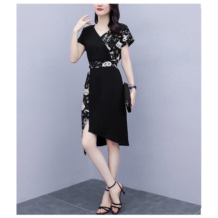 ĐẦM LỤA PHỐI HỌA TIẾT MÈO CAO CẤP - DF598