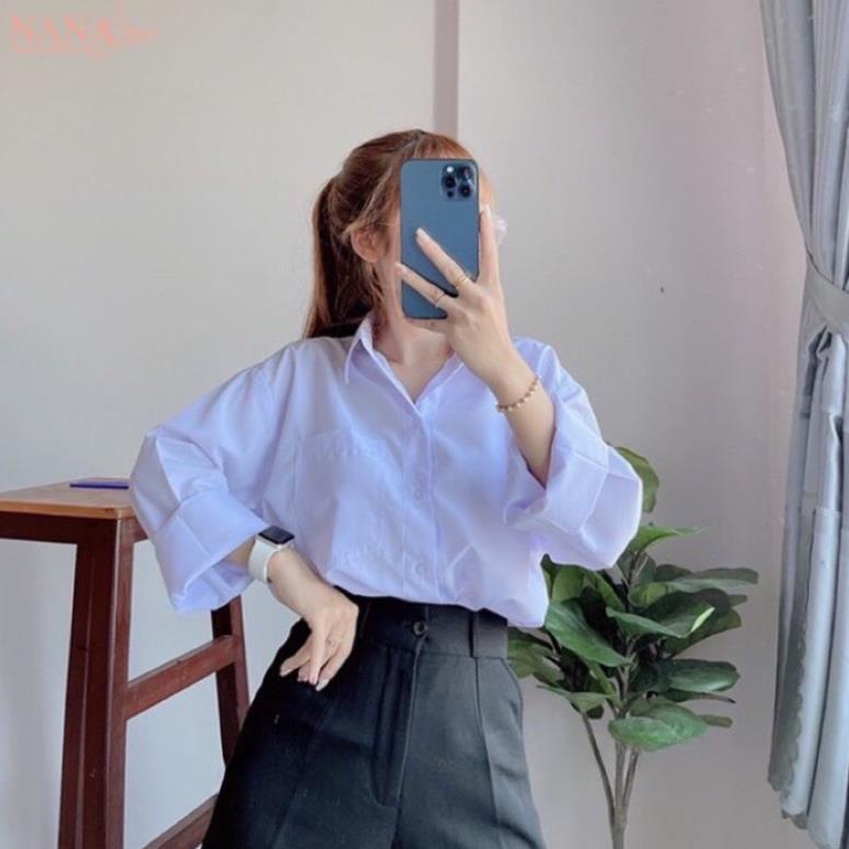 Áo Sơ Mi Nữ Tay Dài Học Sinh Đi Học Có Túi Form Rộng Basic Loại 1