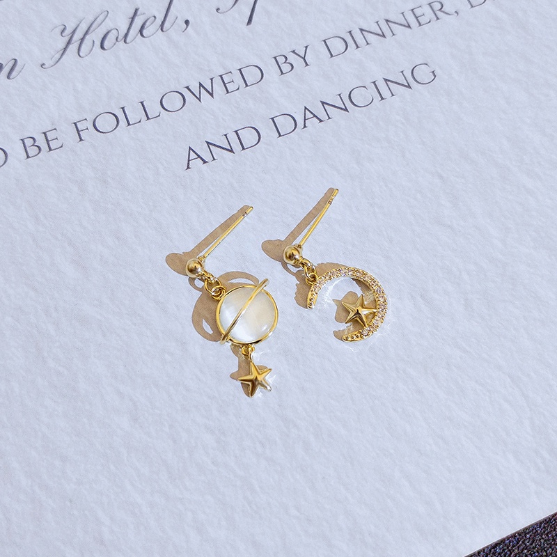 [Jiudolan] Khuyên Tai Đính Đá Opal Nhân Tạo Hình Mặt Trăng Ngôi Sao Không Đối Xứng Cho Nữ