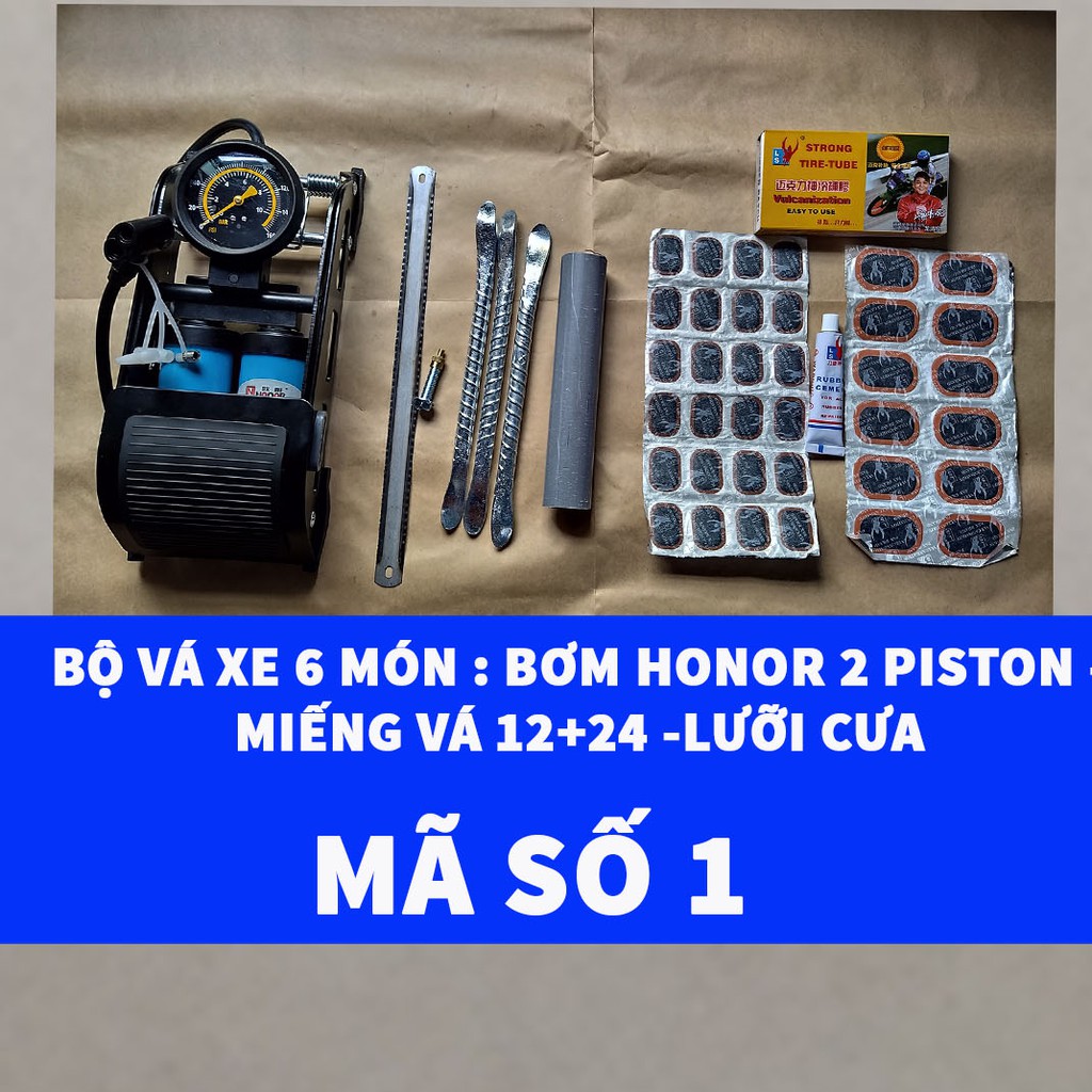 [Bơm Chân Honor 2 Piston] Bộ Vá 6 Món Ruột Xe Máy Và Xe Đạp Có Bơm Chân Honor 2 Piston + Lưỡi Cưa