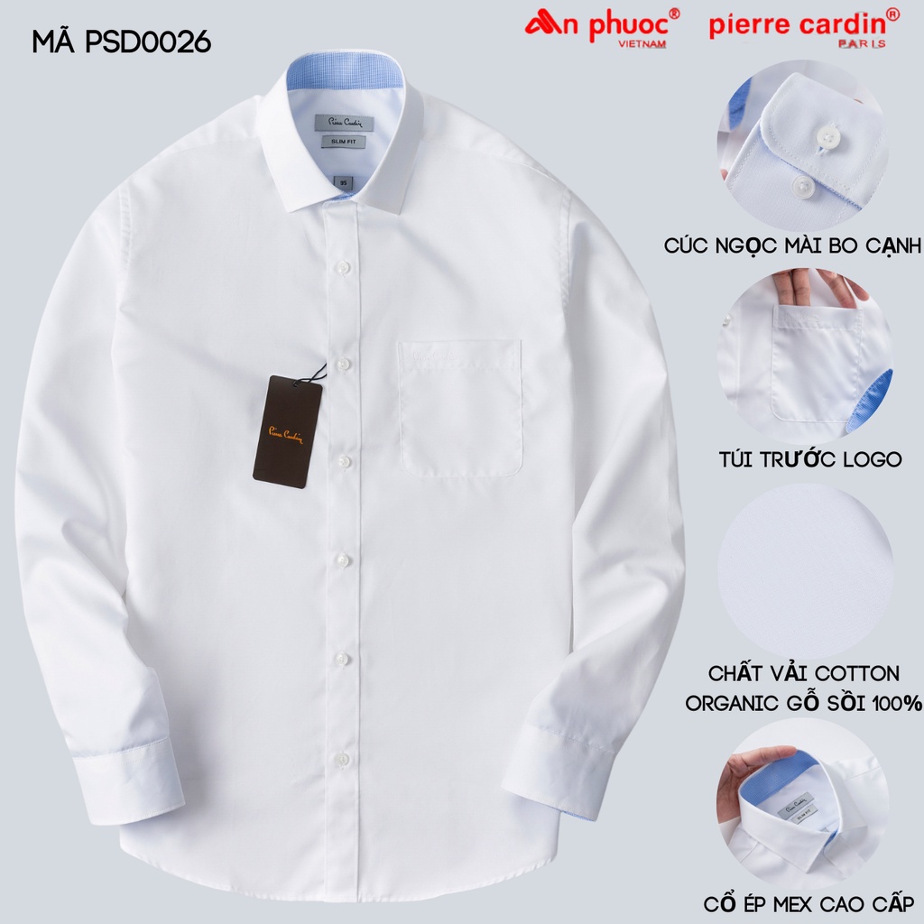 Áo sơ mi nam dài tay màu trắng Pierre cardin  cao cấp chất cotton thấm hút mồ hôi tốt không nhăn form regula