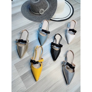 Sandal sục da đan nổi phối nơ hậu thun gót 1cm vnxk