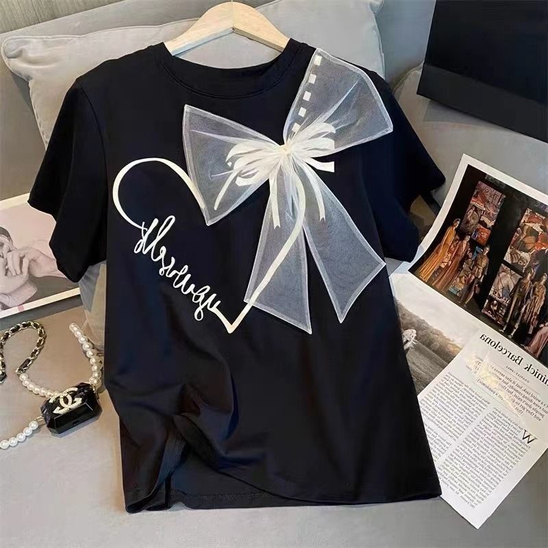 Áo Thun Tay Ngắn Dáng Rộng In Họa Tiết Thắt Nơ Thời Trang Mùa Hè Mới