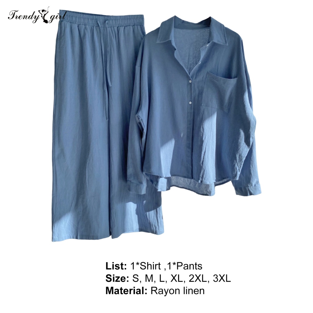 Bộ Áo Sơ Mi Dài Tay + Quần Dài Lưng Thun Phối Nút Thời Trang Cho Nữ
