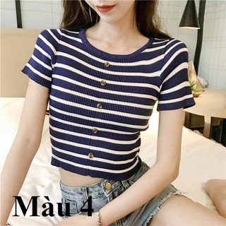 Áo len nữ kẻ cộc tay croptop