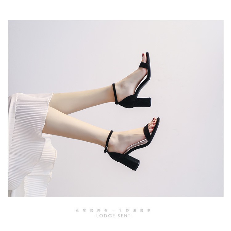 Sandal cao gót 7p nữ da lộn hở đầu đế vuông đẹp GURI BG10