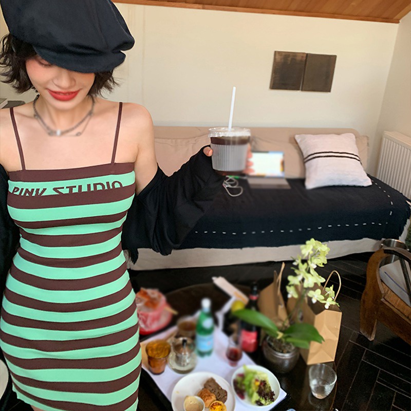 Đầm Dệt Kim Hai Dây In Chữ Thời Trang Hàn Quốc Dành Cho Nữ