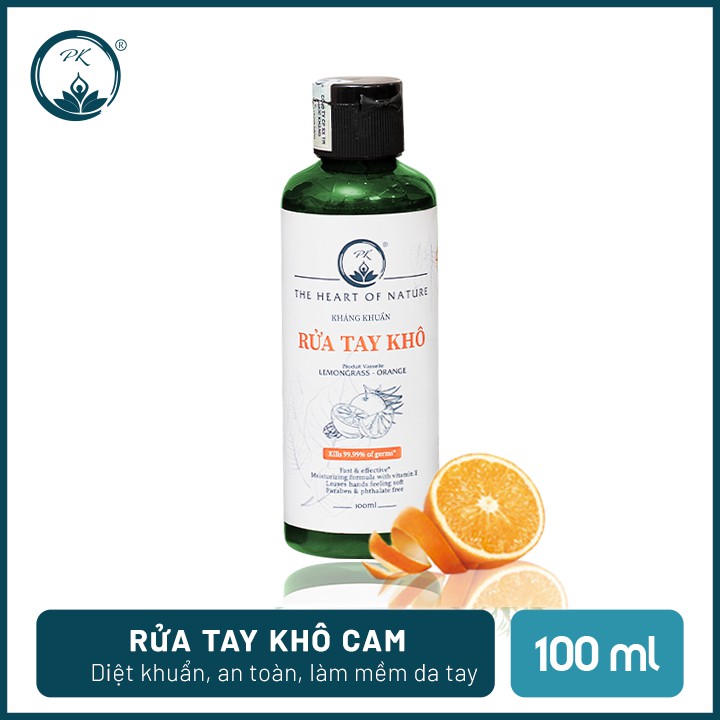 Nước rửa tay khô tinh dầu Cam PK 100ML, kết hợp tinh dầu tràm trà, diệt khuẩn 99,9%