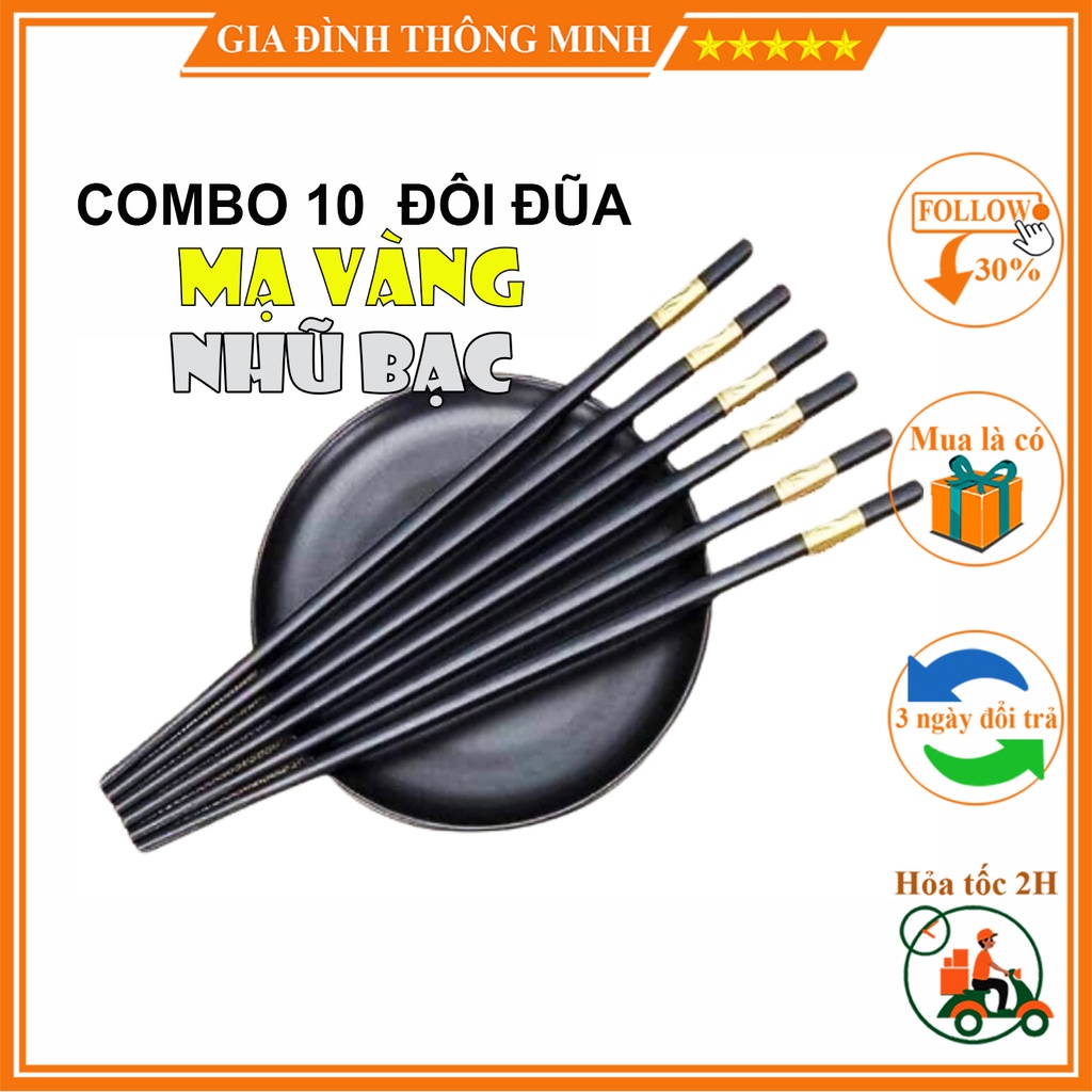 (𝗚𝗶𝗮́ 𝗦𝗶̉) Bộ 10 Đôi Đũa Mạ Vàng - Nhũ Bạc Hàn Quốc Đũa Nhựa Đen Xuất Nhật Cao Cấp Chống Trơn Chống Mốc Chịu Nhiệt Tốt.